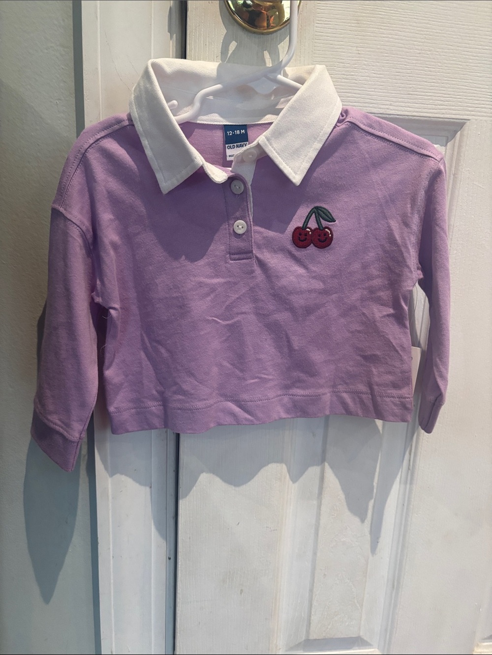 Old Navy Lavender Polo Top with White Collar and Cherry Patch
